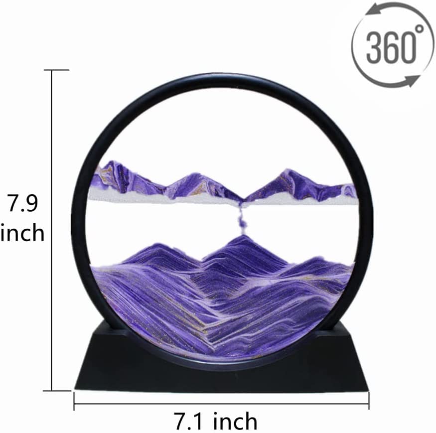 Moving Sand Art Picture, Round Glass 3D Deep Sea Sandscape In Motion Display, Flowing Sand Frame, Sensory Relaxing Desktop Home Office Work Desk Decor (7 Inch, Purple)