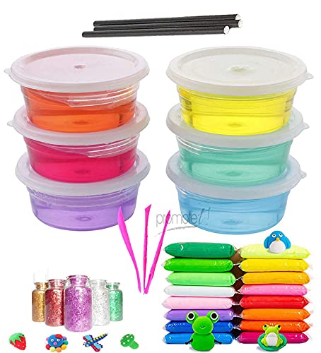 Promote Trader 6 Crystal Slime And 12 Air Dry Clay Combo With Free Glitter, Paper Straws And Tools For Kids Boys And Girls Age 3