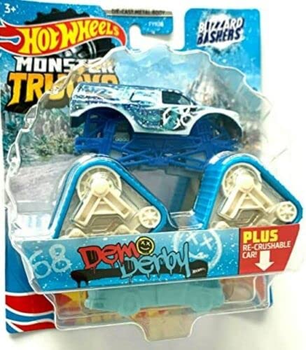 Monster Trucks Blizzard Bashers Demo Derby with re-Crushable car, 1:64 Scale diecast Truck