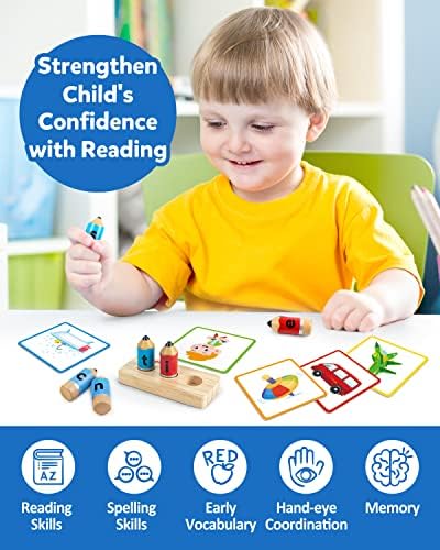 Coogam Wooden Short Vowel Spelling Games  Learn to Spell CVC Sight Words Educational Flashcards Fine Motor Montessori Alphabet Toy Gift for Kids 3 4 5 Years Old