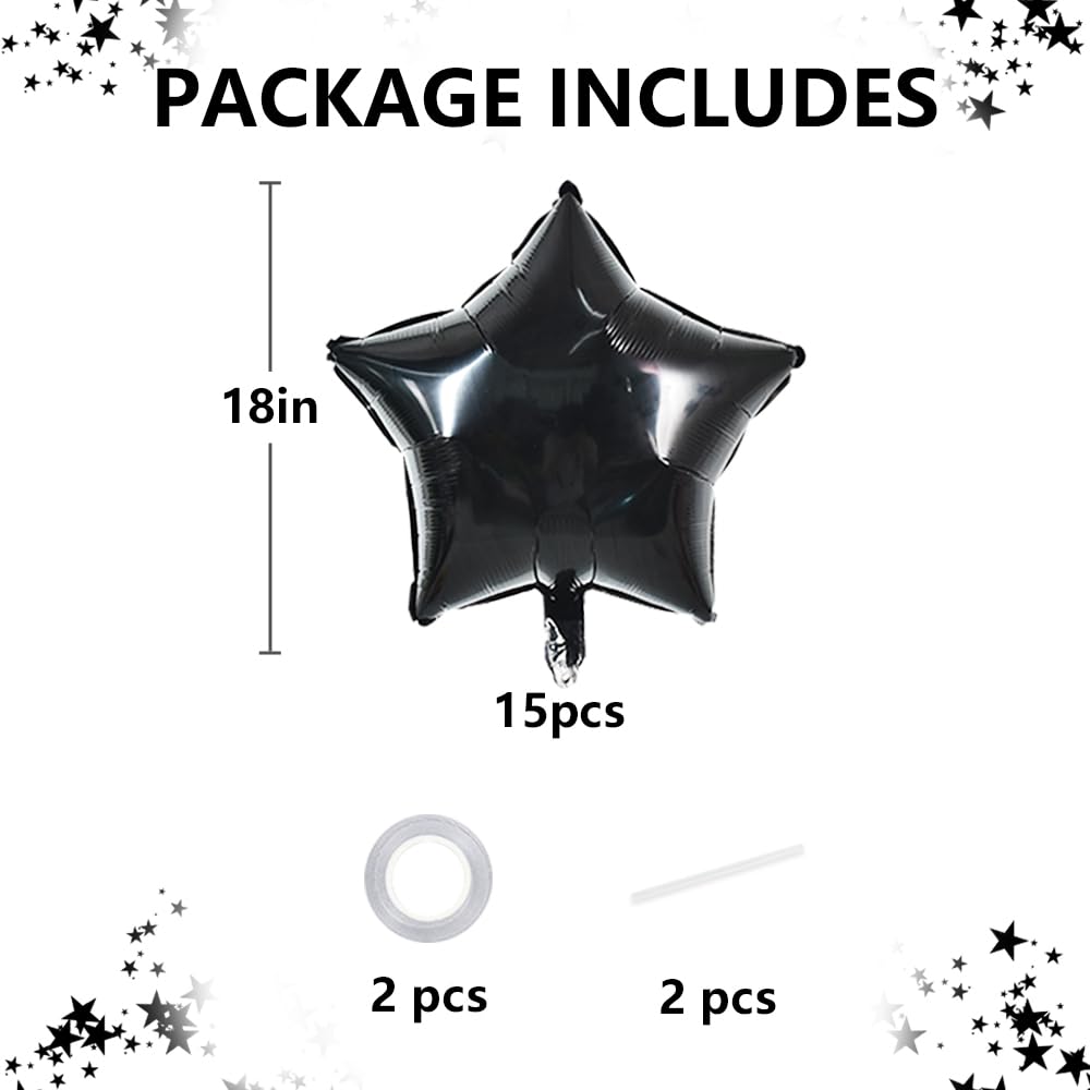 TONIFUL 15Pcs 18 Inch Large Black Star Shape Foil Balloons Big Black Stars Helium Mylar Ballons for Birthday Wedding Baby Shower