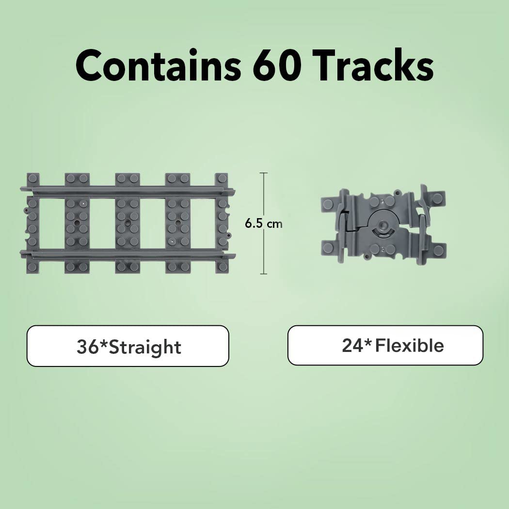 Etarnfly 60Pcs City Train Tracks, Straight And Flexible Train Tracks Accessories - Railroad Building Toy Compatible With Major B