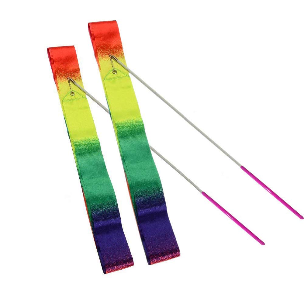 Hoonao 2 Pack 4 Meter Gym Dance Ribbon Rhythmic Art Gymnastic Streamer Twirling Rod Stick For Artistic Dancing Rainbow Color