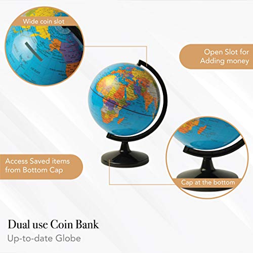 Hemispheres Save The World 5.6'' Coin Bank - Teach Kids To Save Money & Learn Places Around The World - Great For Desk Or Table