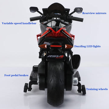 24V Kids Motorcycle Aprilia Licensed Electric Motorcycle for Kids Top Speed to 10MPH with Long Battery Life, Thread Wheels, Trai