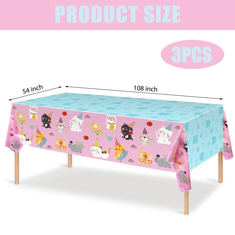 3 PCS Cat Tablecloth for Birthday Party Cat Themed Table Cover Decorations Cat Birthday Party Supplies Pink Tablecloth Kitten De