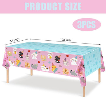 3 PCS Cat Tablecloth for Birthday Party Cat Themed Table Cover Decorations Cat Birthday Party Supplies Pink Tablecloth Kitten De
