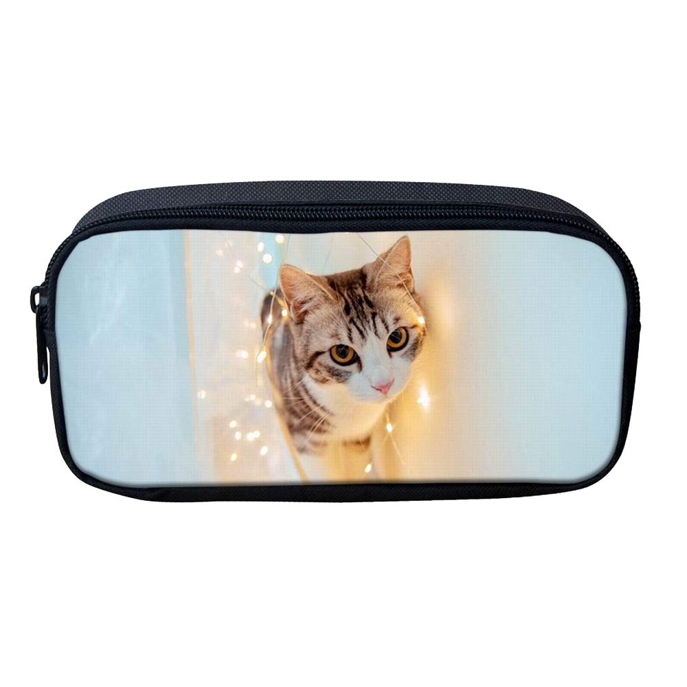 Beauty Collector Cute Kitty Print Pencil Bag Canvas Durable Denim Blue Pen Bag Kids School Stationery Pencil Case Women Casual C