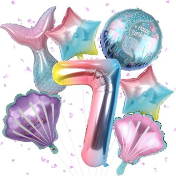 7Th Birthday Decorations - 8Pc Mermaid Balloons, 40' Rainbow 7, Helium Foil Mermaid Tail, Seashell Balloons