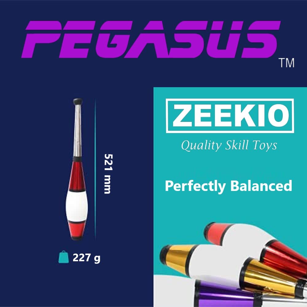 Zeekio - Pegasus Juggling Club Set - enhanced Quality - for Beginners  All Levels - Multi-Piece Durable Design - Scuff Resistant - Rubber Knob & Cap - 20.5 L - Set of 3 - Blue  Red & Silver