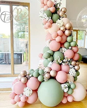 Pink And Green Balloons, 12 Inch Sage Green Dusty Pink Metallic Gold Balloons Set, Olive Green Pink Sand White Gold Confetti Bal