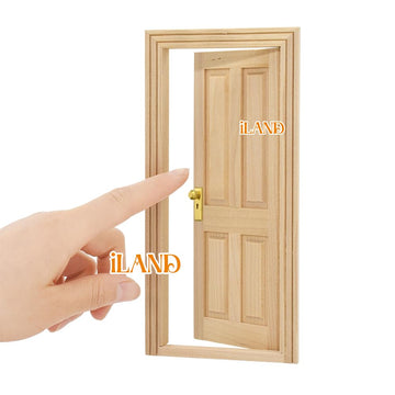 iLAND Wooden Dollhouse Door w/Trims & Doorknob & Key, Dollhouse Buding Materials, Minaiture Dollhouse Accessories (Classic 4-Pan