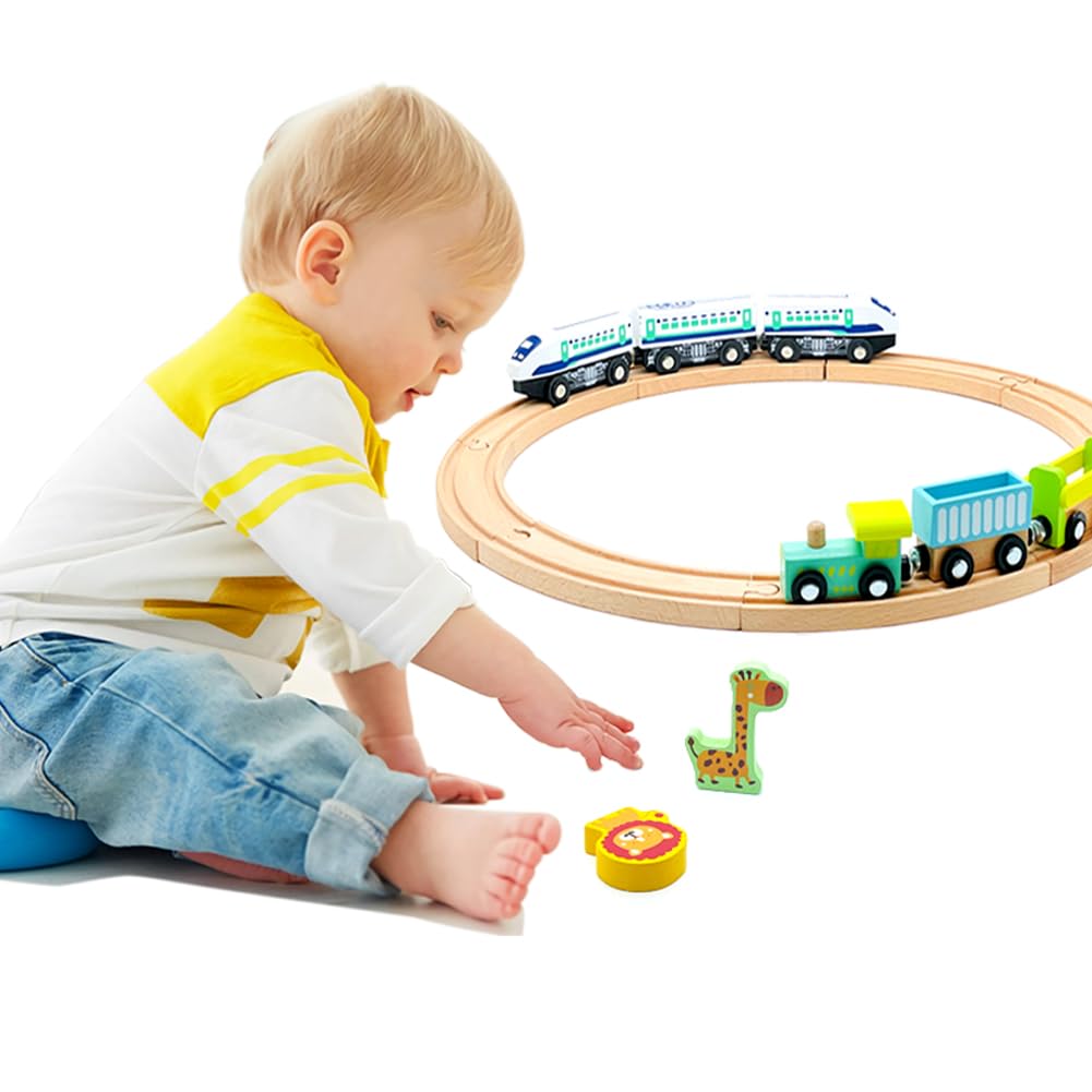 Wooden Trains Cars With Crane Magnetic Train Toys For Wooden Train Tracks Train Sets For Toddlers And Kids Ages 3+ (Zoo Train)