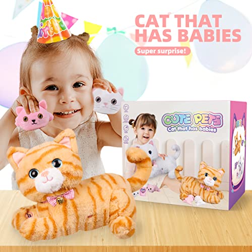 Plush Cat Toy Nursing Stuffed Animal Set, Singing, Barking, Plush Kitty Mommy Cat with 2 Little Plush Baby Kittens Christmas and