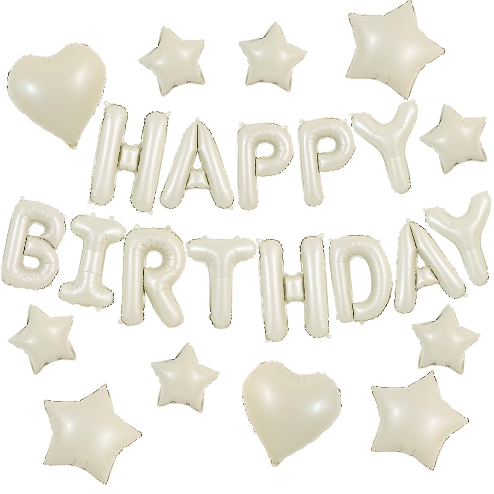 TONIFUL 31PCS Cream White Happy Birthday Decorations 16 Inch Happy Birthday Balloon Banner with Star Heart Balloons Mylar Foil B