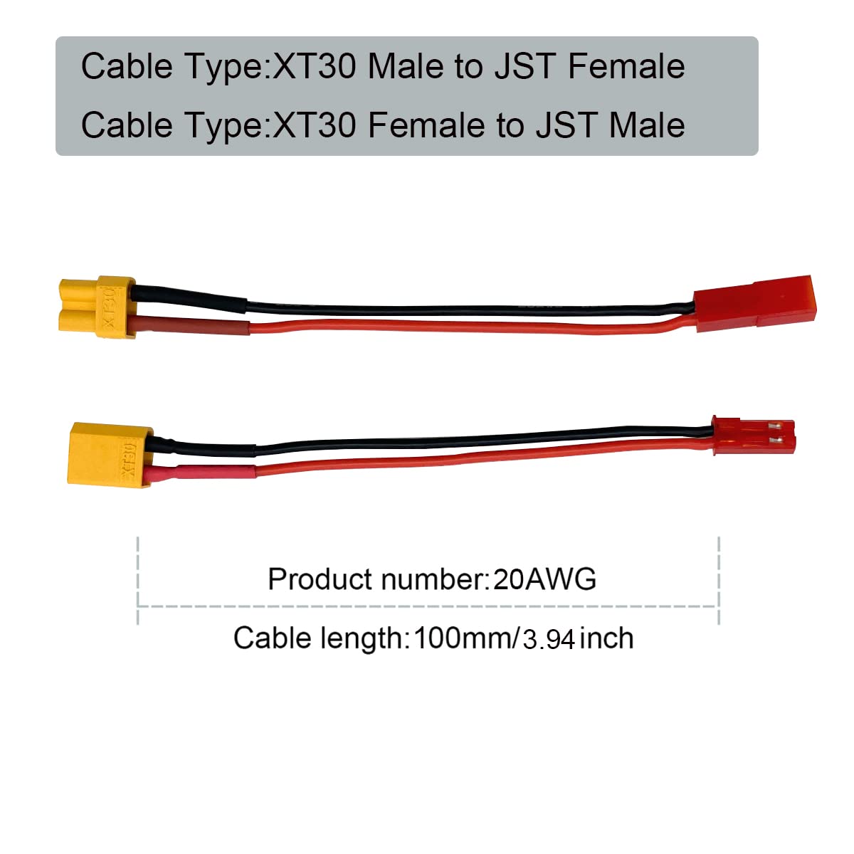 2pairs XT30 Plug to JST Connector Male Female 20AWG Silicone Cable Wire Adapter for RC FPV ESC Speed Controller Lipo Battery Cha