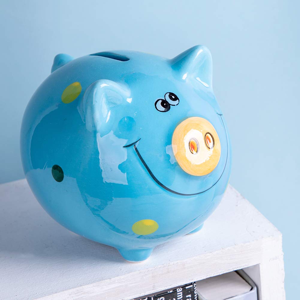 Fovshng Ceramic Piggy Bank For Boys Cute Coin Bank For Kids Birthday Gift Piggy Banks Blue (5X5X4Inch)