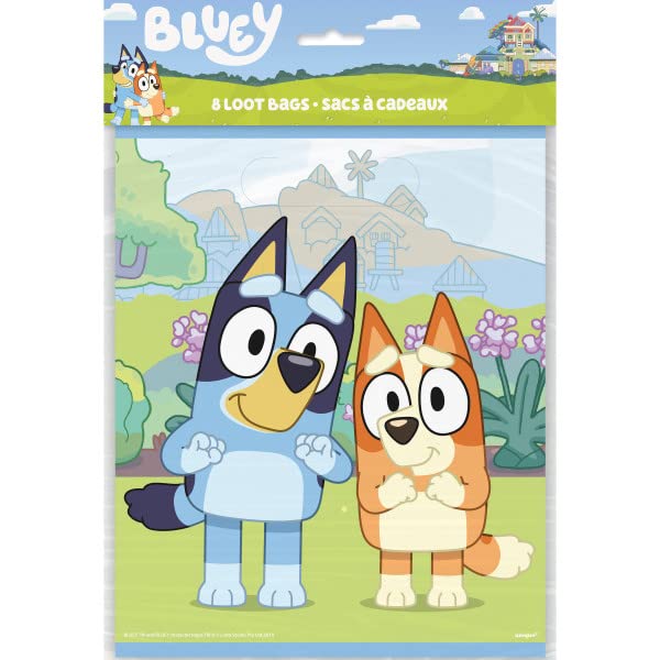 Bluey Dog Birthday Party Supplies Bundle includes 16 Plastic Party Favor Loot Bags and 1 Dinosaur Sticker Sheet