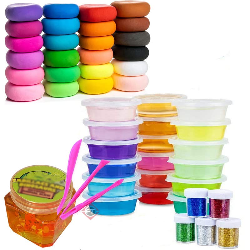Firstly Traders Air Dry Clay Modelling Clay With 12 Pcs Crystal Slime Glitter And Sculpting Tools+ 1Pc Toy Slime Tub Combo