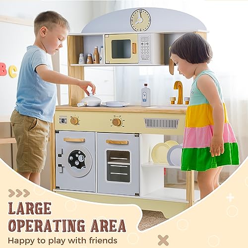 WoodenEdu Kitchen Playset for Kids Ages 3-8, Wooden Pretend Play Kitchen with Cooking Accessories, Dimensions: 38    H x 31    W