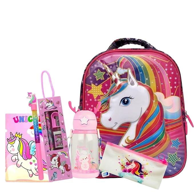 Urban Festivities Unicorn Stationery Combo Unicorn Polyester Bag With Fur Pouch/Water Bottle/Pencil Set/Gel Pen/Diary School Bag