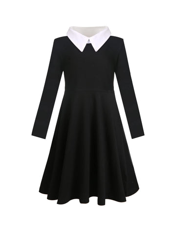 Jorssar Girls Black Halloween Peter Pan Collar Dress Clothes Kids Cotton Long Sleeve Twirly Dress Size 8 10 Years Old