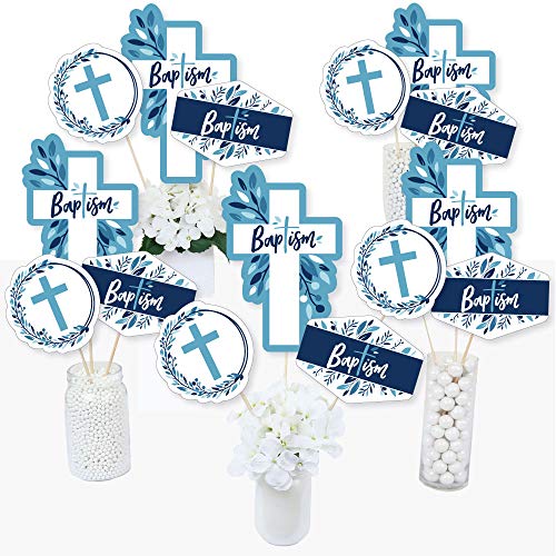 Big Dot of Happiness Baptism Blue Elegant Cross  Boy Religious Party Centerpiece Sticks  Table Toppers  Set of 15
