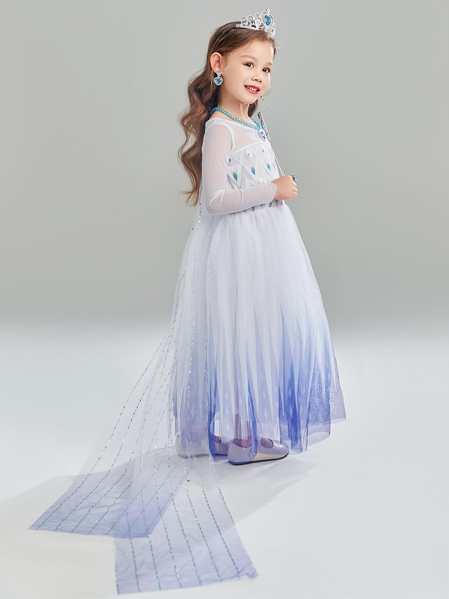 Sototoo Elsa Costume Long Sleeves Princess Dress Queen White Costume Cosplay Dress Up With Accessories Halloween (White,7-8Years