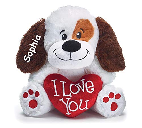 Personalized Valentine's Day Sitting I Love You Puppy with Heart Plush Stuffed Animal Toy for Boys or Girls with Custom Name - 9 Inches