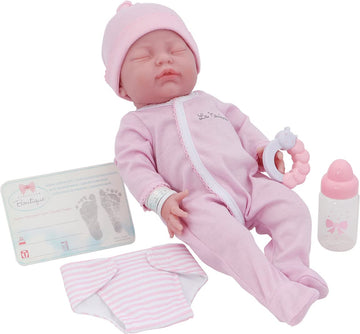 JC Toys 17" La Newborn Vinyl Sleeping Baby Doll - Realistic Pink Gift Set, Model 18300