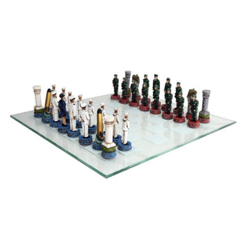 Pacific Giftware US Army vs Navy Chess Set, Hand Painted, Glass Board, 2 Players, Multicolor, Model 11865, Ages 12+