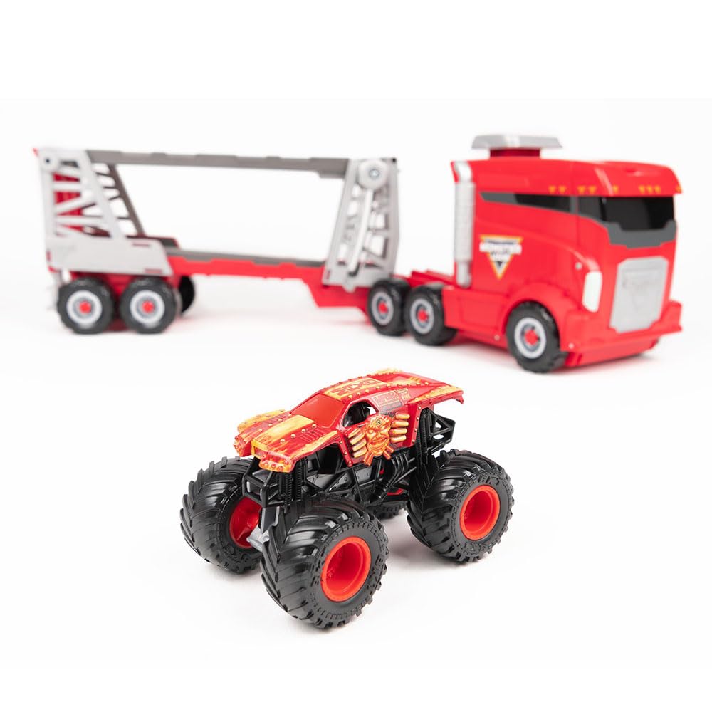 Monster Jam, Official 2-in-1 Launch N Go Hauler Playset and Storage with Exclusive Monster Truck, 1:64 Scale Kids Toys for Boys