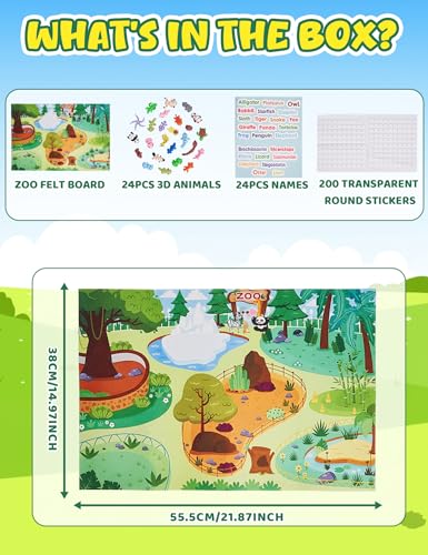 SHUWND Mini 3D Printed Zoo Animals Felt Story Board Set, 25Pcs, 4"x7.5"x2", Interactive Preschool Learning Toy, Colorful Felt