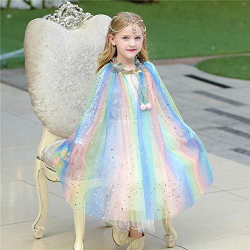 Lovely Mermaid Girls Cape Cloak Princess Shining Halloween Christmas Dress Up Birthday (Rainbow)