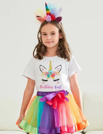 Doctor Unicorn Birthday Girls Unicorn Costume Outfit Rainbow Tutu, Unicorn T-shirt, Satin Sash, Hair Bow & Headband Rainbow/Whit
