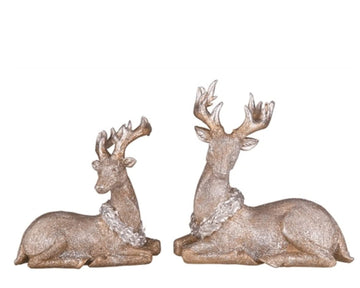 Gold Tone Glitter Small Sitting Reindeer 7.5 X 5.5 Resin Christmas Figurine Set Of 2