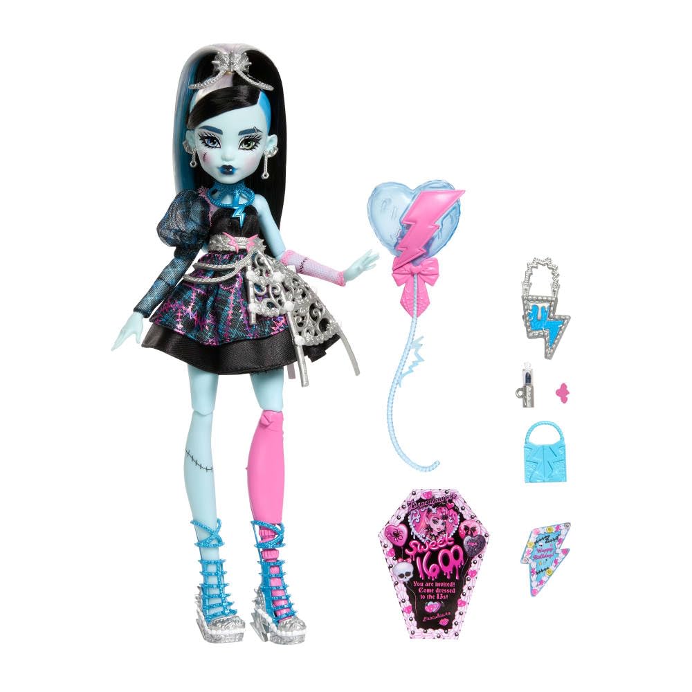 Monster High Scary Sweet Birthday Doll  Frankie Stein in Black Party Dress with Themed Accessories Like Invite  Balloon  Toy  Lipstick and More