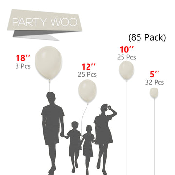 Partywoo White Sand Balloons, 85 Pcs Boho White Balloons Different Sizes Pack Of 18 Inch 12 Inch 10 Inch 5 Inch Sand White Balloons For Balloon Garland Balloon Arch As Party Decorations, White-F12