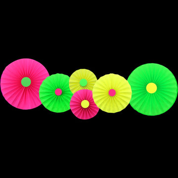 6Pcs UV Neon Hanging Paper Fans - Flowers Glow Paper Fans - Party Supplies and Decorations - Glow in The Dark Blacklight Reactiv
