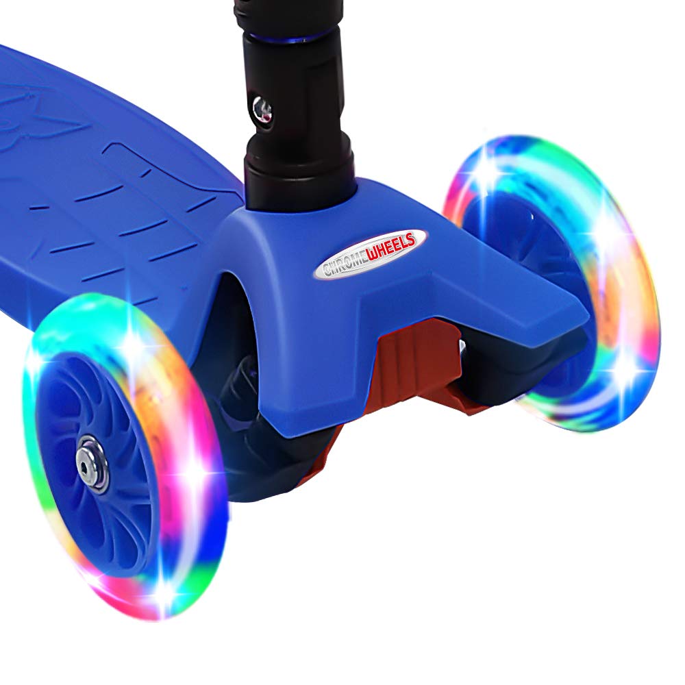 ChromeWheels Deluxe Kick Scooter for Kids, 3-Wheel, Foldable, 4 Adjustable Heights, LED Light-Up Wheels, Blue, Model CW8009L