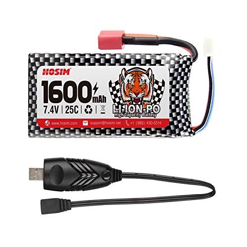 Hosim 7.4V 1600mAh 25-DJ02 RC Car LiPo Battery & USB, Spare Replacement Parts Assessory S920 9125 HB101/HM101/HM103/HM121/HM124/