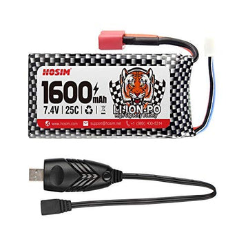 Hosim 7.4V 1600mAh 25-DJ02 RC Car LiPo Battery & USB, Spare Replacement Parts Assessory S920 9125 HB101/HM101/HM103/HM121/HM124/