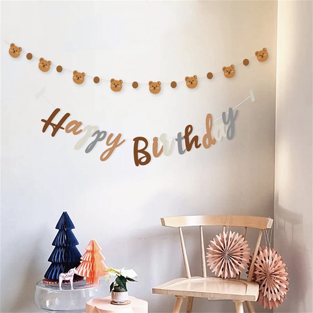 Bear Theme Happy Birthday Banner with Cute Bear Banner, Bday Party Pennant Decor, Wild One Woodland Bear First Birthday Party Su