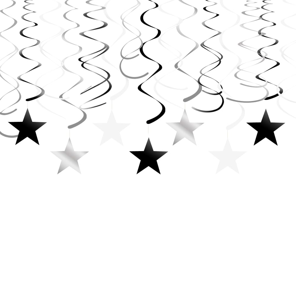 Adeer Black, White, and Silver Hanging Swirl Decorations with Star Cutouts, Set of 30