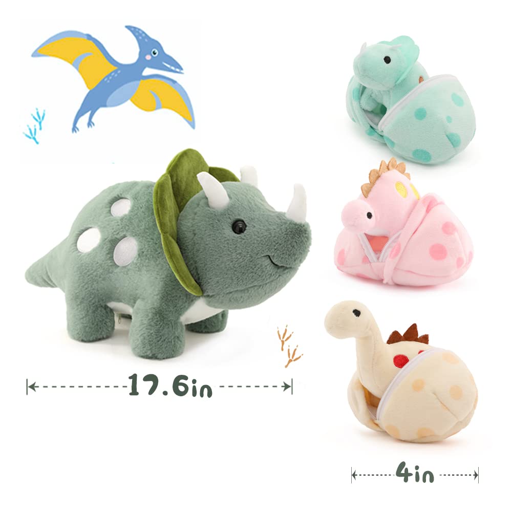 Karister Plush Dinosaur Stuffed Animals Set - Mommy Dinosaur & 3 Babies, 4 Piece Assortment, Multicolor, Soft Polyester