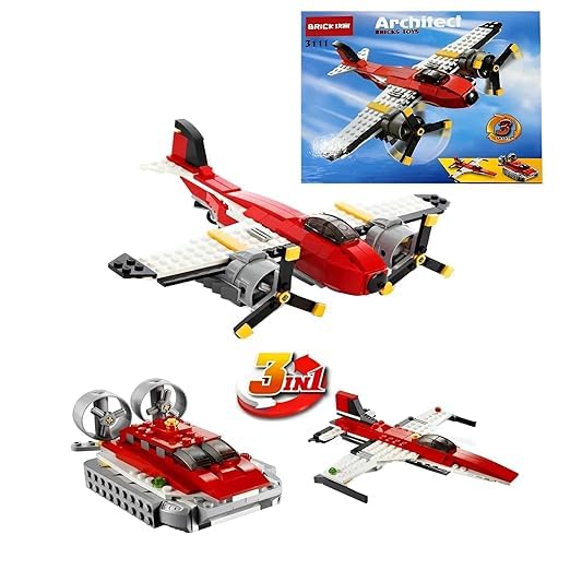 BarodianS Architect Building Blocks 3In1 Aircraft Set, Red And Grey Toy Plane, Hovercraft Construction Kit