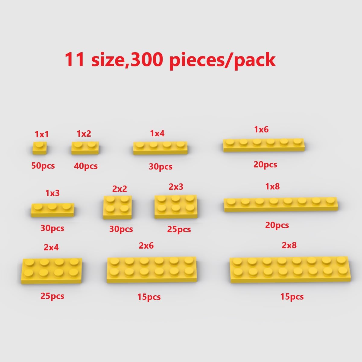 300 Piece Yellow Building Plate Bulk Assortment Pack, Yellow Small Base Plate Accessories For Building With 12 Size, Compatible