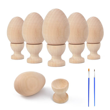 HOKPA Wood Eggs with Wooden Egg Cup Holders, Unpainted Craft Eggs, 6 Cups and Smooth Eggs in a Pack, Display DIY Easter Hallowee