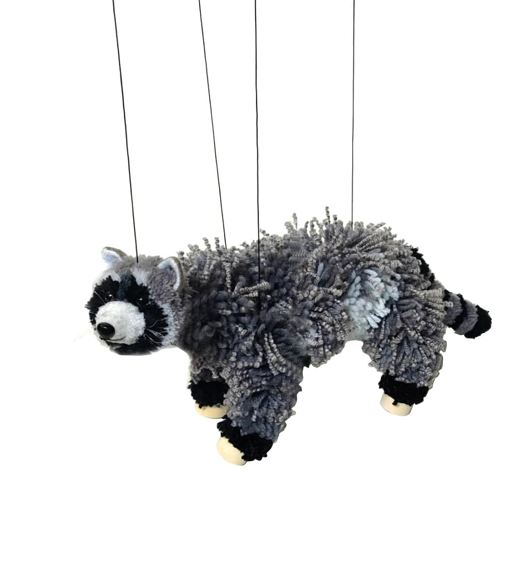 Artisan Owl Raccoon Marionette Puppet - Soft Yarn Body with Wooden Feet, Detachable Strings