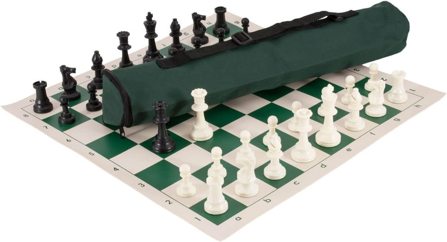 US Chess Federation Triple Weighted Chess Set - Green Quiver Bag, 21"x6", Vinyl Board, Staunton Pattern, 3.75" King, Model COMBO15-GR